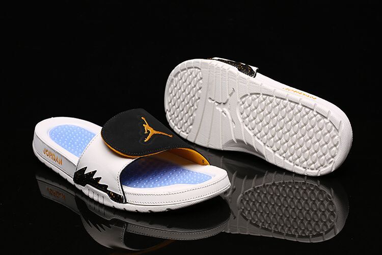 Men Air Jordan Hydro 5 Velcro White Blue Black Yellow Sandal - Click Image to Close